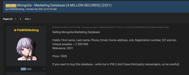 Хакеруудын сайт дээр Монгол улсын 2.3 сая иргэний мэдээллийг $700-aaр зарж байна